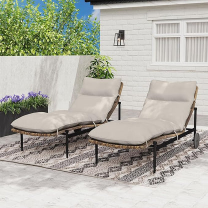 Chaise Lounge Set of 2 - PE Rattan Wicker Patio Pool Lounge Chair with Cushion and Wheels, Aluminum Waterproof Chaise Lounger for Poolside Backyard Deck Porch