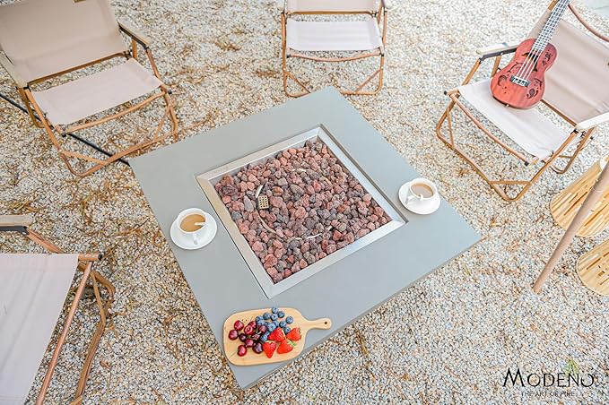 AMS Fireplace | Modeno Westport Package | Light Gray Natural Gas Fire Pit Table for Outside Patio Bundle with Wind Guard, and SS Burner Lid | Free Ice Bucket & Rubber Mat