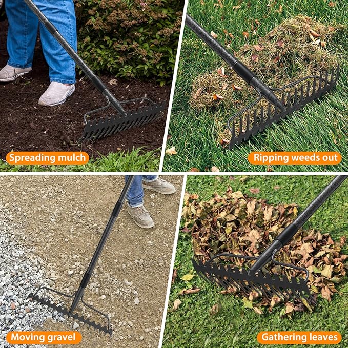 Rake, 17 Tines with 49 Inch Handle, 17 Inch Wide Heavy Duty Garden Thatch Leaf Rake for Raking Leaf Loosening Soil Gathering Mulch Leveling Rocks, Rustproof Metal Bow Rakes for Leaves Grass