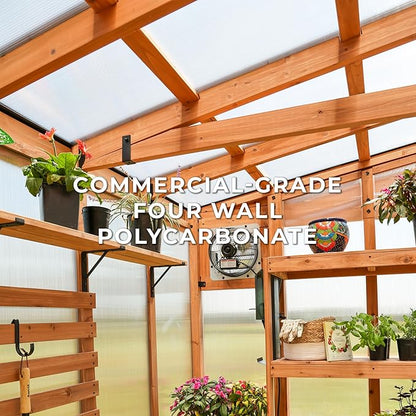 Backyard Discovery Poppy 11' x 7' Cedar Wood and Polycarbonate Walk-In Greenhouse Kit with Exhaust Fan, Windows, Hose Hook-Ups, PowerPort, Staging Shelves, Plant Hooks for Year-Round Outdoor Gardening