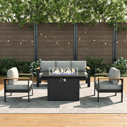 LayinSun 4 Piece Aluminum Outdoor Furniture Set with Fire Pit Table, Outside Patio Deep Seating Conversation Set with Upgraded Washable Thick Cushion