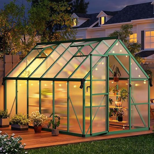 CABIHOME 8x12 FT Outdoor Greenhouse, Polycarbonate Greenhouse with Roof Vent and Ground Nails, Aluminum Large Walk-in Green House w/ Lockable Push Door for Outside Garden Backyard (Green, 8x12 FT)