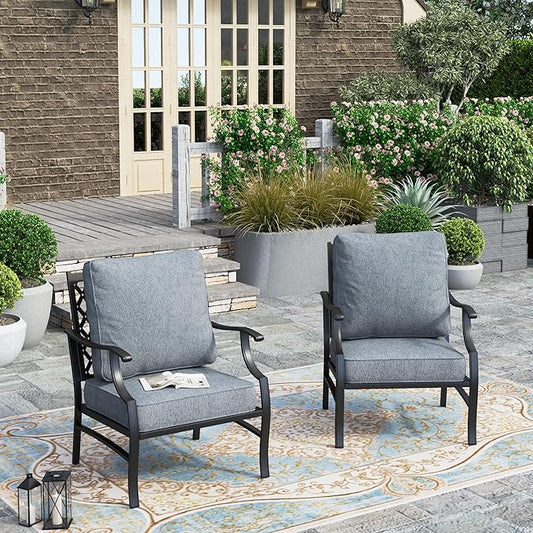 HERA'S HOUSE Outdoor Chairs Set of 2, 2 x Patio Chair with Grey Cushions, All Weather Outdoor Furniture for Lawn Garden Backyard Deck(Leg Chairs)