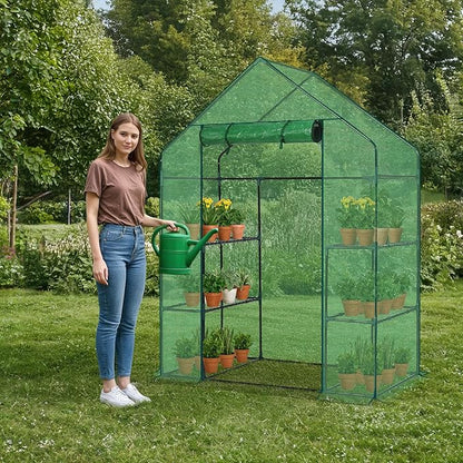 Outvita Walk-in Greenhouse, Outdoor Durable PE Plant Green House for Frost Protection with 3 Tiers 4 Shelves, Shelf Clips, Roll-up Zipper Door, 56"x29"x77" Green
