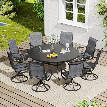 VICLLAX 9 Pieces Outdoor Dining Set, Patio Furniture Set of 8 Patio Swivel Dining Chairs and 60" Patio Round Table, Dark Charcoal Chairs & Black Tabletop