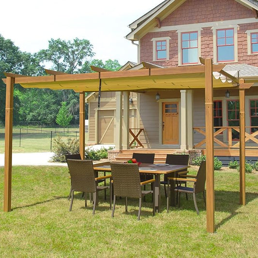 Domi 9’ x 13’ Outdoor Retractable Pergola Against The Wall with Weather-Resistant Canopy Aluminum Garden Pergola Patio Grill Gazebo for Courtyard(Teak Coated)