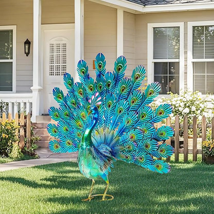 27.5in Tall Metal Peacock Garden Statue - Handmade, 3D Textured, Tail Spread Sculptures for Patio, Garden or Entryway.