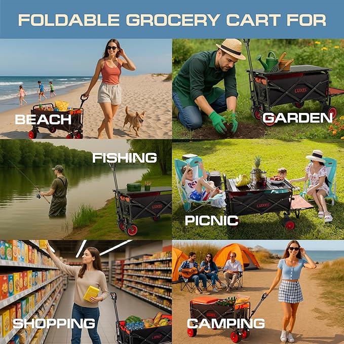 Electric Foldable Collapsible Wagon Cart 220lbs Capacity - Heavy Duty Wagons 200L with All Terrain Wheels & Tailgate - Beach Canvas Utility Carts - Portable for Outdoor Camping Shopping Sports Hiking