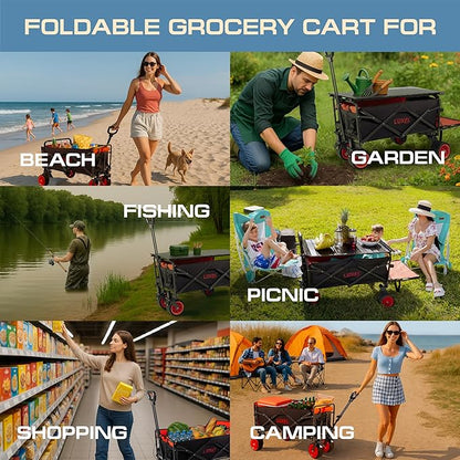 Electric Foldable Collapsible Wagon Cart 220lbs Capacity - Heavy Duty Wagons 200L with All Terrain Wheels & Tailgate - Beach Canvas Utility Carts - Portable for Outdoor Camping Shopping Sports Hiking