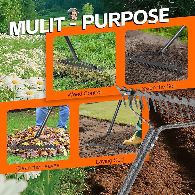 Thatch Rake, 63" Heavy Duty Metal Lawn Leveling Rake with 17 Tines, Garden Tool with Adjustable Long Handle for Looseing Soil, Weede Control