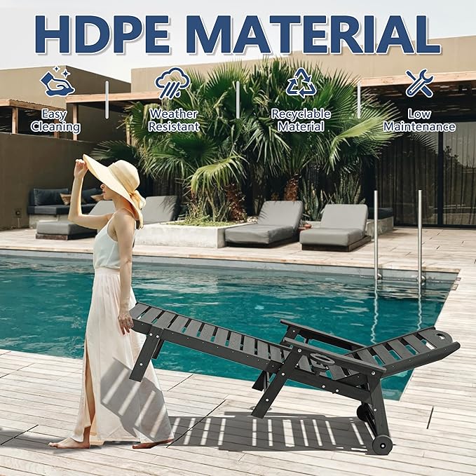 Patio Chaise Lounge Chair Set of 2, HDPE Outdoor Lounge Chairs with 5-Position Adjustable Backrest, Cup Holder and Wheels, 450lbs Capacity for Poolside Deck Backyard, All Weather Material(Gray)
