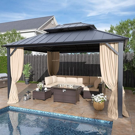 12' x 14' Hardtop Gazebo,Outdoor Galvanized Steel Metal Double Roof Gazebo with Curtains and Netting for Patios, Gardens, Lawns,Khaki