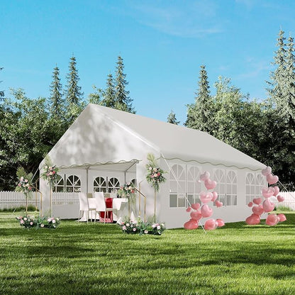 20'X20' Party Tent with Removable Sidewall Windows, Outdoor Heavy Duty Wedding Gazebo, Event Shelter Wedding Canopy Tent for Parties Carport BBQ, White & Wave Edge
