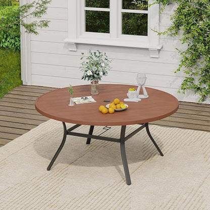 VICLLAX Outdoor Patio Round Dining Table, 56.3"x 56.3" Plastic Tabletop for Deck Lawn Garden Backyard, Walnut