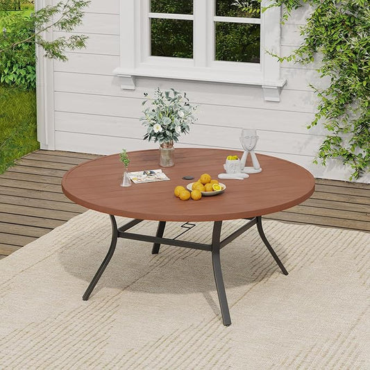 VICLLAX Outdoor Patio Round Dining Table, 56.3"x 56.3" Plastic Tabletop for Deck Lawn Garden Backyard, Walnut