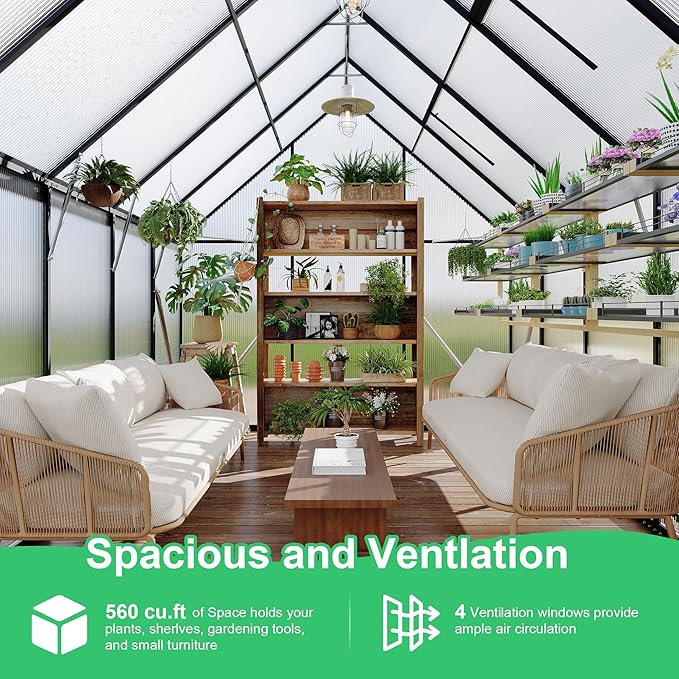 8 ft x10 ft Aluminum-Framed Polycarbonate Greenhouse, Heavy Duty Polycarbonate Greenhouse with Quick Setup Structure and Roof Vent, Large Enhanced Aluminum Green House Kit for Outdoors