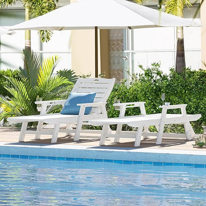 nalone HDPE Chaise Lounge Chair Outdoor with Wheels & Cup Holder, Pool Lounge Chairs with 5-Position Adjustable Backrest, Supports Up to 400 LBS for Patio Poolside Deck Beach Backyard (White)