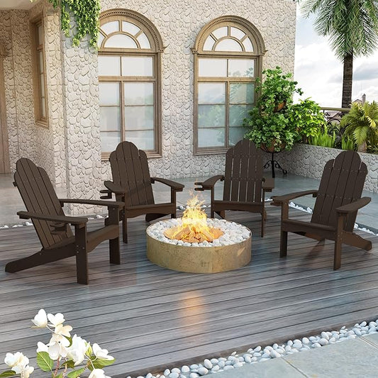 LUE BONA HDPS Adirondack Chairs Set, Fire Pit Outdoor Chair Weather Resistant with Cup Holder, Modern Plastic Chair Plastic for Patio, Deck, Proch, 350LBS, 4 Set, Dark Brown