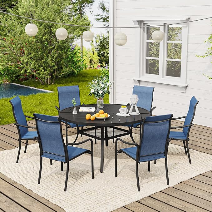 VICLLAX Outdoor Patio Round Dining Table, 47.2"x 47.2" Spliced Metal Tabletop with Storage Shelf for Deck Lawn Garden Backyard, Black