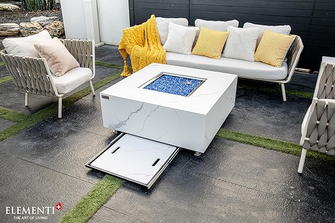 Elementi+ | Bundle Bianco Gas Fire Pit | Marble Porcelain & Metal Frame | 40" Square Fire Table | Electronic Ignition | Canvas Cover, Fire Glass & Burner Lid Included | White | Propane Gas