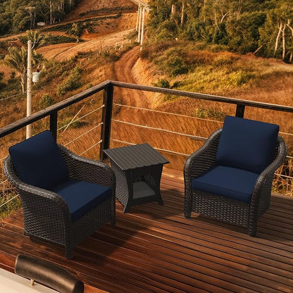 Vista Vibe Outdoor Rattan Chairs Set of 2 with with Coffee Table, All-Weather Patio Conversation Furniture Set with Washable Cushions &Hand-Woven PE Rattan, Garden, Bistro, Deck, Yard (Navy)