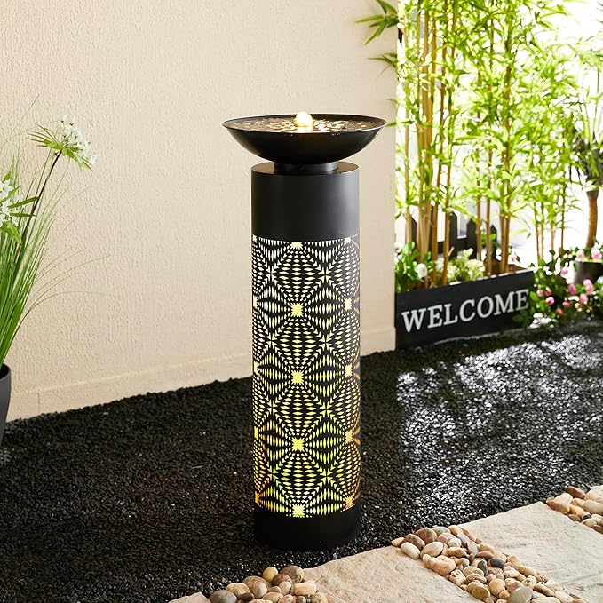 Glitzhome Modern Black Metal Cutout Water Fountain - 36'' Outdoor Bird Bath Fountain with LED Light & Pump - Freestanding Waterfalls Garden Fountains for Patio Backyard Porch Patio Decor