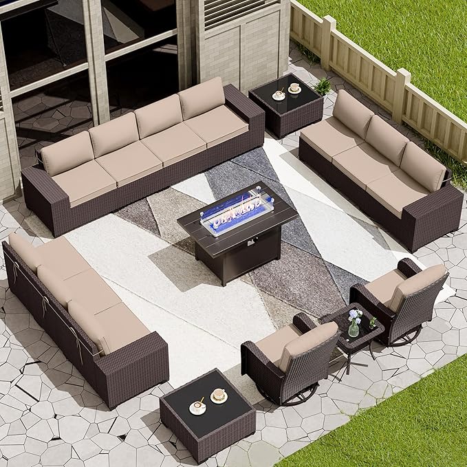 16 Pieces Outdoor Patio Furniture Set Patio Furniture Outdoor Sectional Sofa Conversation Set w/ETL Approved 45" Gas Outdoor Fire Table & Coffee Table, Swivel Rocking Chair Brown