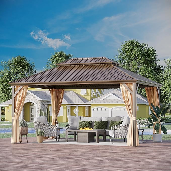 12x16 ft Hardtop Gazebo Outdoor Aluminum Patio Gazebo Double Roof Galvanized Steel Canopy with Netting and Curtains for Garden, Backyard, Deck and Lawns.