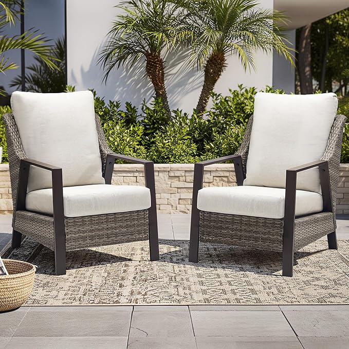 Outdoor Patio Furniture - 2 Pcs Armchair, All-Weather Wicker Outdoor Conversation Set with 4.72" Olefin Thick Cushions for Deck, Porch, Balcony, Backyard, Beige