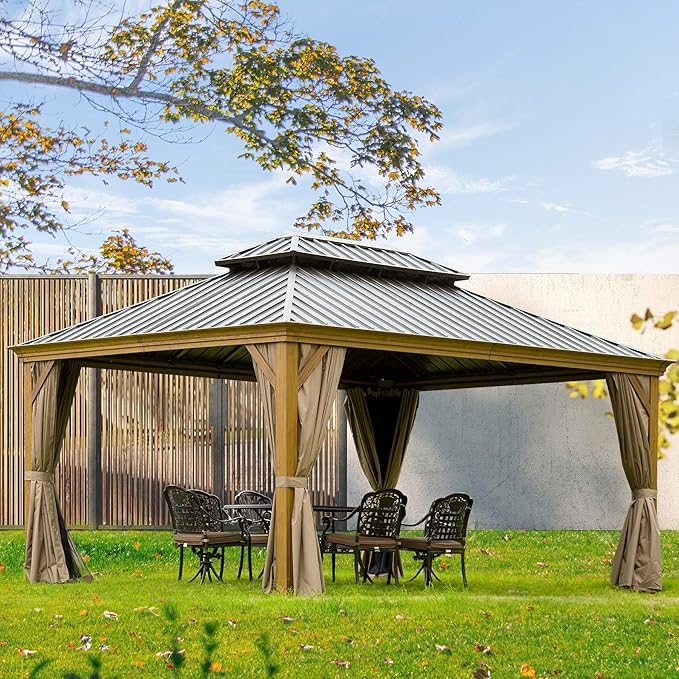 Domi Outdoor Living 12’x14’ Hardtop Gazebo, Wooden Coated Aluminum Frame Canopy with Galvanized Steel Double Roof, Outdoor Permanent Metal Pavilion with Curtains and Netting for Patio, Deck and Lawn