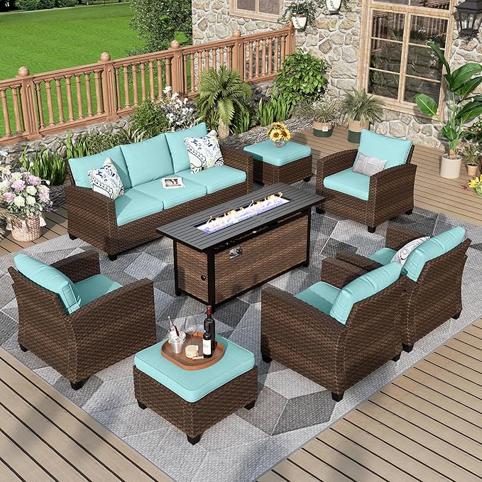 Patio Furniture Set, 8 Pcs Wicker Rattan Outdoor Conversation Set, 4 x Leg Chairs, 1 x 3 Seater Sofa and 2 x Ottoman with 4" Thick Cushion and 56" Fire Pit Table, Blue