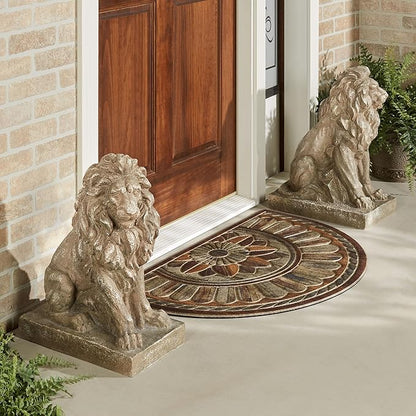 Lions at Guard Sculpture Set of 2 | Lion Statues | Outdoor Seasonal Lion Sculpture Set | Garden Backyard Yard Driveway | Weathered Sand | Realistic Lion Statues