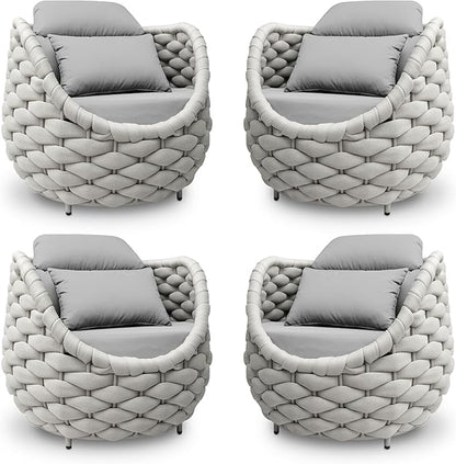 Patio Accent Chairs Set of 4: Aluminum Porch Lounge Chair with Arms - Woven Rope Cushioned Armchair - Modern One Seater Chair - Outdoor Deck Furniture for 400lbs Balcony Lanai Garden Hotel, Gray