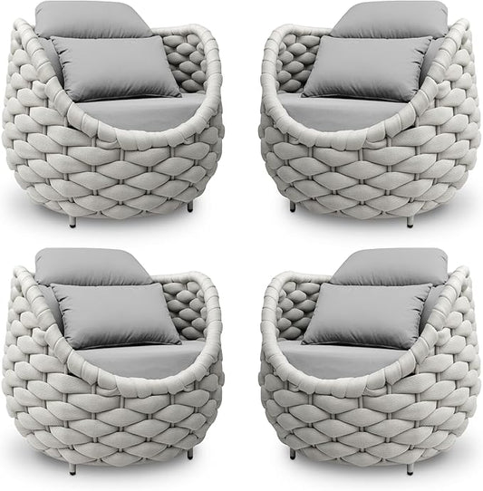 Patio Accent Chairs Set of 4: Aluminum Porch Lounge Chair with Arms - Woven Rope Cushioned Armchair - Modern One Seater Chair - Outdoor Deck Furniture for 400lbs Balcony Lanai Garden Hotel, Gray