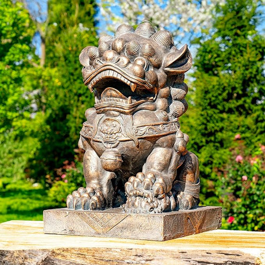Zaer Ltd. Set of 2 Traditional Fu Dog Garden Statues, Chinese Guardian Lion Sculptures with Pedestals, Made with Magnesium-Cement (Aged Bronze)