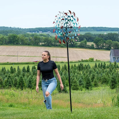 Sunnydaze Rainbow Breezes Metal Garden Wind Spinner - Removable Pole Sections for Adjustable Height - Dual-Motion Blades - 84" H