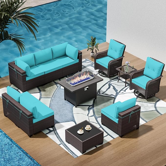 11 Pieces Outdoor Patio Furniture Set Outdoor Furniture Patio Sectional Sofa Conversation Sets w/ETL Approved 45" Gas Outdoor Fire Table & Coffee Table, Swivel Rocking Chair (Turquoise)