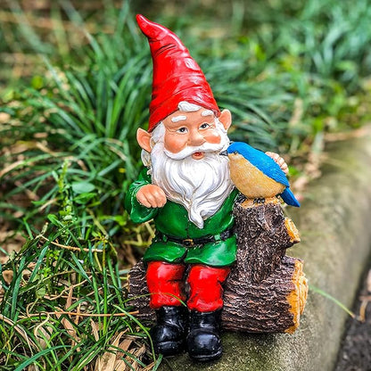Garden Gnome Statues with Bird Resin Sculpture Gnome Sitting on The Stump Outdoor Statues for Outdoor Garden Decor