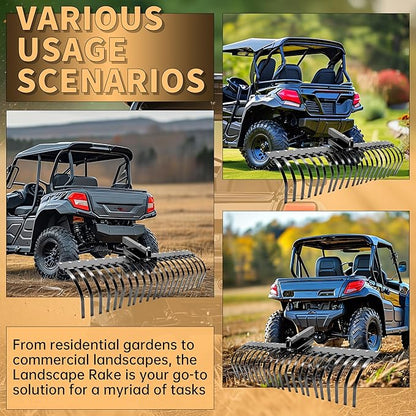 KUAFU 60 Inch Landscape Rake Pine Straw Rake Tractors Rake Fit for 2 Inch Receiver ATV UTV SxS Features 48" or 60" Accessory Tool Bar & 3 Point Hitch System Powder Coated Steel