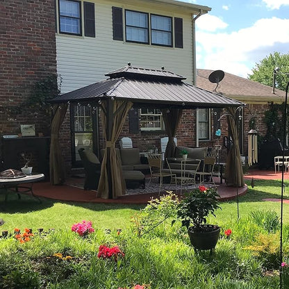 YOLENY 10'x13' Hardtop Gazebo with Galvanized Steel Double Roof, Pergolas Aluminum Frame, Netting and Curtains Included, Metal Outdoor Gazebos for Garden, Patios, Lawns, Parties