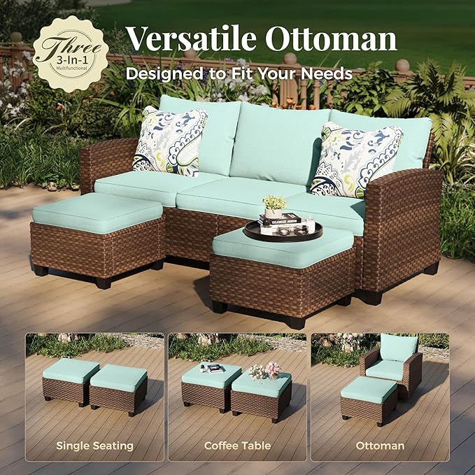 Patio Furniture Set, 7 Pcs Wicker Rattan Outdoor Conversation Set, 4 x Leg Chairs, 1 x 3 Seater Sofa and 2 x Ottoman with 4" Thick Cushion for Garden Backyard Deck, Blue