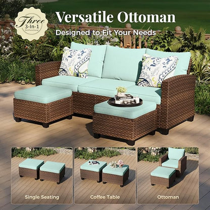 Patio Furniture Set, 8 Pcs Wicker Rattan Outdoor Conversation Set, 4 x Leg Chairs, 1 x 3 Seater Sofa and 2 x Ottoman with 4" Thick Cushion and 56" Fire Pit Table, Blue