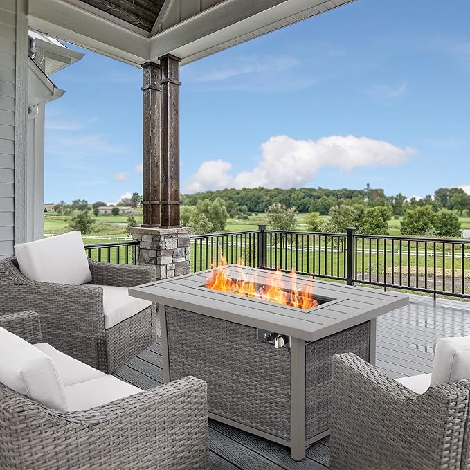 Fire Pit Table, HAPPATIO 42inch 50000 BTU Propane Fire Pit with Mental Fence Table Top, Lid, Black Glass Rock, CSA Safety Certified for Patio Balcony Backyard (Gray)