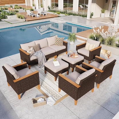 GREEN PARTY 9 Pieces Wicker Patio Furniture Set, All-Weather Outdoor Rattan Patio Sectional Sofa Conversation Set with 4" Thick Cushions for Garden, Backyard, 2 x Ottomans