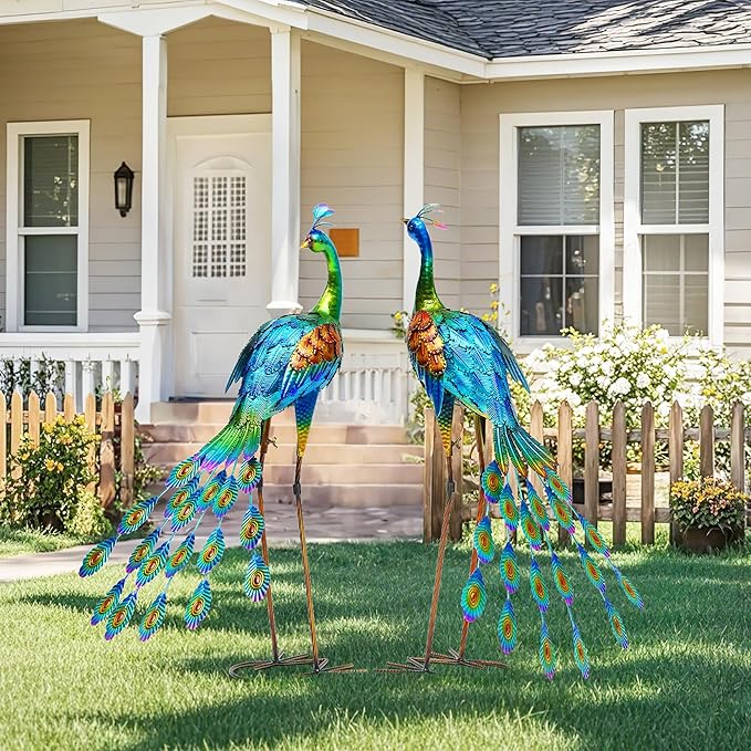 32" Tall Metal Peacock Garden Statue, Handmade Oversized Couple Peacock Sculptures with Anchor Ground Stakes, Iron Ornament Yard Art Decor for Garden, Patio, Entryway Porch, or Home Space.
