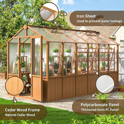 6x12 FT Wooden Greenhouse for Outdoors, Walk-in Greenhouse with 6MM Thick Polycarbonate Panel and Adjustable Roof Vents, Garden Backyard, Wood Colour