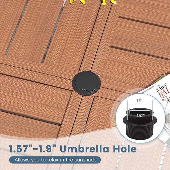 DIFY 47.2" Round Outdoor Patio Dining Table for 6, All-Weather Metal Steel Slatted Patio Table with 1.57" Adjustable Umbrella Hole, for Lawn Garden Porch Backyard, Walnut