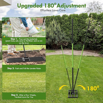 Seeutek Lawn Leveling Rake, 45” x 10” Lawn Leveler with 6.5FT Stainless Steel Handle Rakes for Lawns, 0-180° Adjustable Ground Leveler Tool for Yard, Level Soil Sand Dirt Surfaces