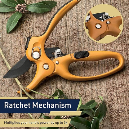 Kings County Tools Ratcheting Hand Pruner | Extra Cutting Strength | Adjust Grip to Activate Ratchet Mechanism | Cast Aluminum with Rubber Grip on Handle | Carbon Steel Blade