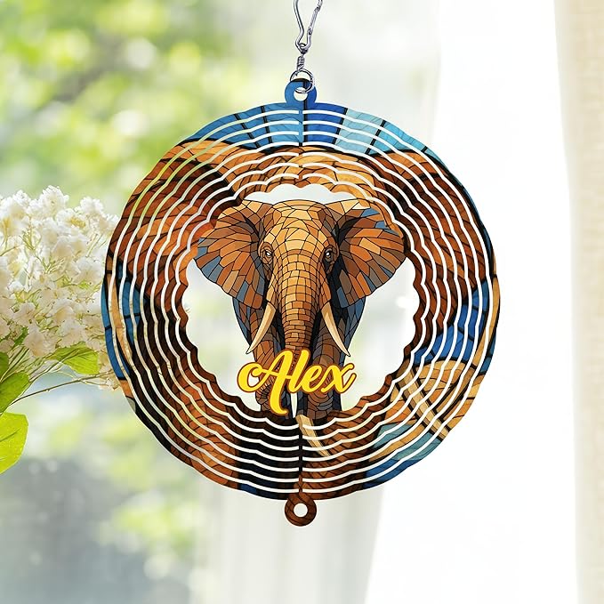 Personalized Elephant Wind Spinner 3D Stainless Steel, Elephant Garden Spinner Hanging Outdoor Decor, Wind Spinners Outdoor, Custom Gift for Grandmother, Mom, Wife